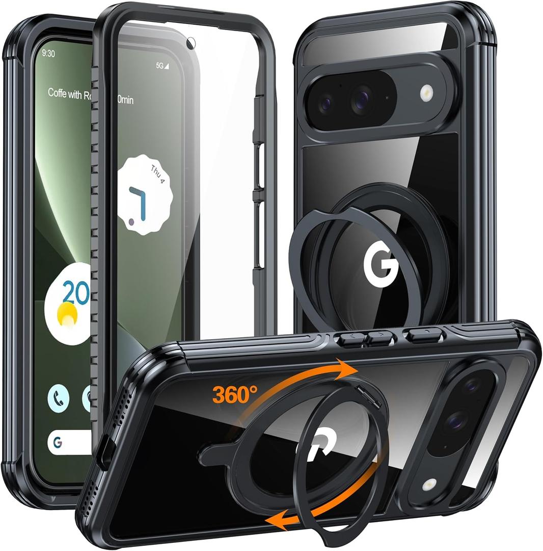 GUSTAVE Magnetic Stand for Google Pixel 9 Case [Fit for MagSafe] [360Rotatable Stand] [Built-in Tempered Glass Screen Protector] Full-Body Shockproof Military-Grade Protective Case Black