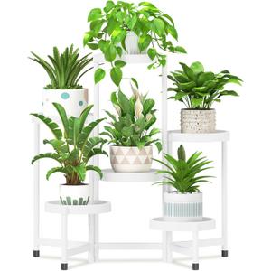 iDavosic.ly 6 Tier Folding Plant Stand Indoor Outdoor with Plastic Tray, Tiered Corner Flower Holder Shelf, Metal Orchid Display Rack for Patio Porch Living Room Garden Balcony, White