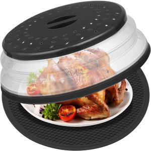 MAGJIUKE 12" Microwave food Cover & Mat,Large Vented Collapsible Splatter Guard dish Plate lid & Silicone Round Kitchen mat