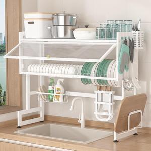 bukfen Dish Drying Rack, White Over The Sink Dish Drainer Drying Rack 2 Tier Dish Rack with Cover for Kitchen (White, Middle 33.46 Length) (Cream White)
