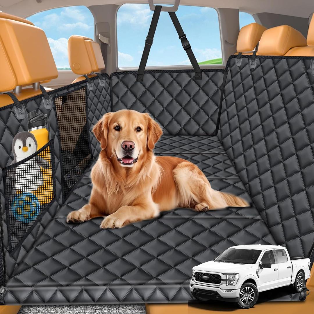 URPOWER XL Backseat Extender for Dogs - Hard Bottom Dog Car Seat Cover for Back Seat, Dog Car Hammock Dogs Travel Bed for Full Size Crew Cab Truck, Pet Rear Seat Protector for F150/ RAM1500/ Silverado (All Black)
