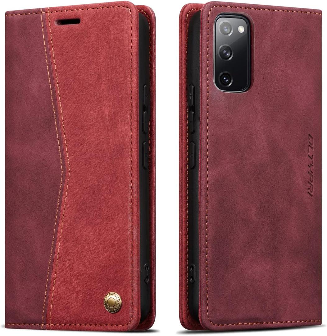 QLTYPRI Wallet Case for Samsung Galaxy S20 FE 5G, Vintage Folio PU Leather Case with Card Slots Magnetic Closure Kickstand Flip Shockproof Phone Cover for Samsung Galaxy S20 FE 5G - Wine Red