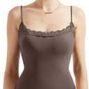 SUUKSESS Women Square Neck Lace Bodysuit Sleeveless Spaghetti Strap Tank Top (Medium, Brown)