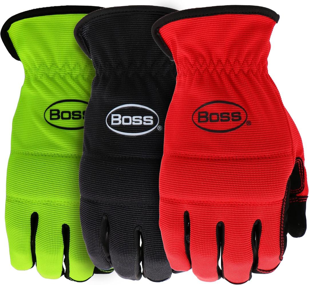 BOSS Men's Task 3-Pack High Performance Synthetic Leather Palm Work Gloves, Abrasion Resistant, Black, Red, Yellow, Size Large