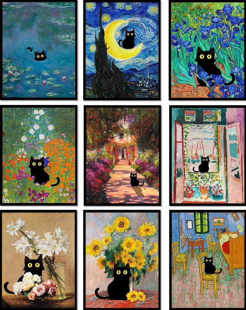 9Pcs Funny Black Cat Wall Art Cats in Famous Paintings Posters Prints Vintage Gallery Wall Decor Pictures Eclectic Cute Preppy Aesthetic Room Decor,Unframed (8"X10"X9PCS)