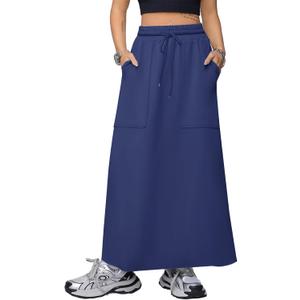 SOFIA'S CHOICE Skirts for Women Drawstring High Waist A Line Maxi Long Skirts with Pockets Blue X-Small (Blue, XS)