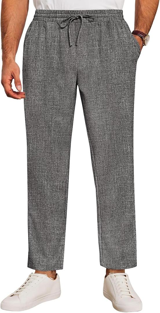 Runcati Mens Casual Pants Drawstring Elastic Waist Lightweight Cropped Linen Pants Summer Yoga Beach Trousers (X-Large, Dark Grey)