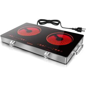 Karinear 2 Burner Electric Cooktop 110V, Portable Electric Stove with Handle, Knob Control Electri Hot Plate, Ceramic Countertop Burner, Timer, Safety Lock, 9 Power Level, 2000W, 24 inch(Gold)
