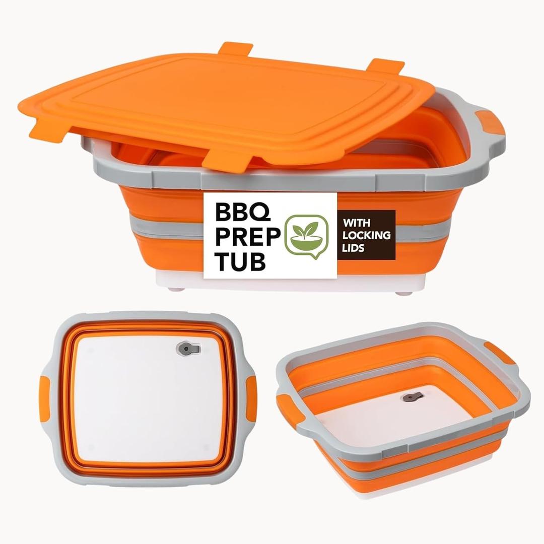 Collapsible BBQ Prep Tub with Cutting Board Lid & Locking Lid, BPA-Free, Portable Wash Basin for Outdoor Camp/Tailgate & Competition, Dishwasher-safe Marinating Container, 16L Orange