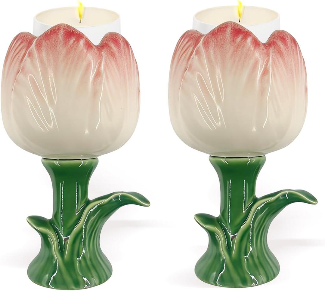 2 Pack Tulip Candle Holder Ceramic Candlestick Decoration for Palo Santo, Taper Candles