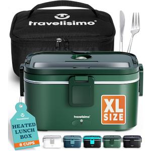TRAVELISIMO Extra-Large Electric Lunch Box For Adults Holds up to 8 Cups - 80W Heated Lunch Box For Men 1.8L, Portable Food Warmer for Travel & Work, Loncheras Electricas Para Calentar Almuerzo (Dark Green)