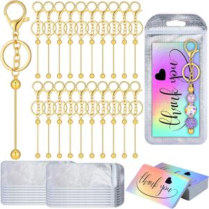 Sasylvia 60 Pcs Beadable Keychain Bars Set 20 Beaded Keychain 20 Resealable Pouch Bag 20 Thank You Cards for DIY Craft Making(Gold)