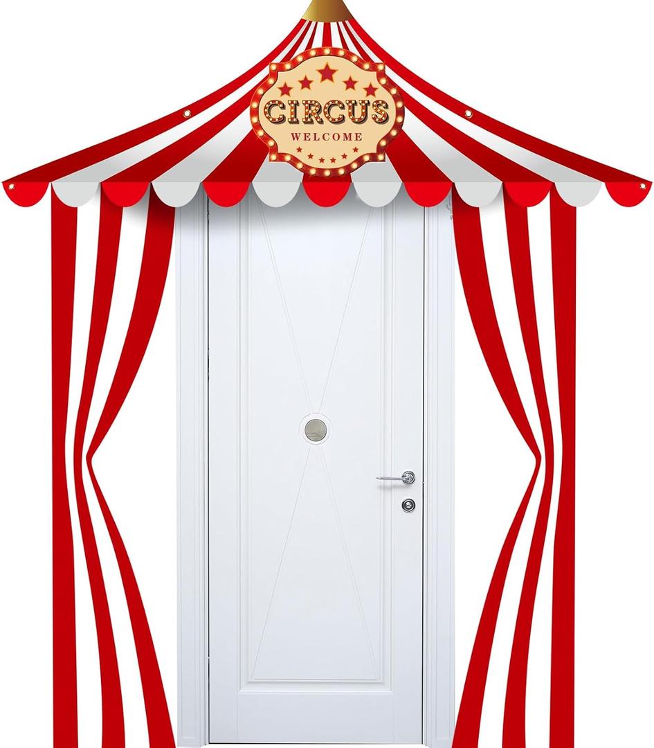 Preboun 3 Pcs Circus Tent Decorations Carnival Circus Theme Party Decorations Carnival Tent Banner Striped Pennant for Clown Theme Birthday Party Classroom Supply (Red White)