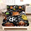 Kids Sports Balls Bedding Queen Bed Set,Tie-Dyed Football Basketball Baseball Print Fitted Sheet Set for Boys Room Decor,Sports Themed Bedding Fitted Sheet Set,1 Fitted Sheet+2 Pillowcases. (Black-orange)