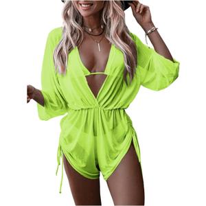 COZYEASE Women's 3 Piece Swimsuit Plain Sexy Drawstring Side Halter Triangle Bikini Set with Cover Up Lime Green, Small COZYEASE Women's 3 Piece Swimsuit Plain Sexy Drawstring Side Halter Triangle Bikini Set with Cover Up Lime Green, Small