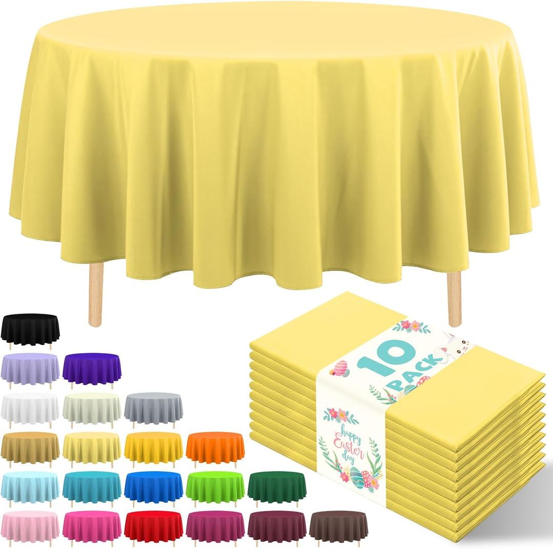 10 Pack Premium Disposable Plastic Tablecloth 84" Round Table Cover for Birthdays Weddings Christmas Anniversary Buffet Table (Light Yellow)