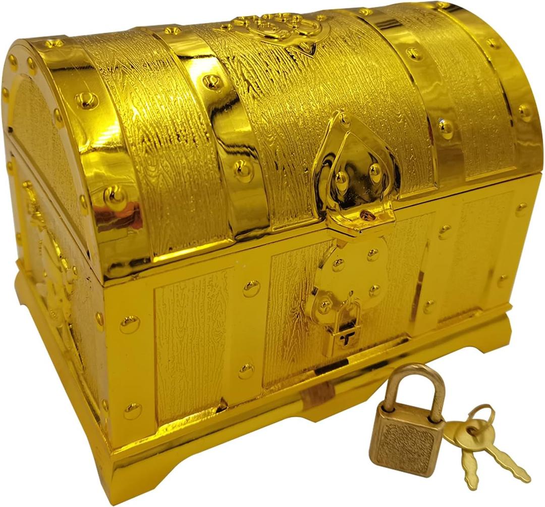 Pirate Treasure Chest for Kids,Golden Plastic Toy Treasure Chest with Lock and Key for Kids Hunting Games,Cool Pirate Birthday Party and Christmas Toy Gift.