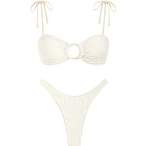 ZAFUL Women's Bandeau Tie Spaghetti Strap Bikini Textured O Ring Ruched High Leg Swimsuit Cheeky Bathing Suits, White, Medium