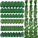 XunYee 84 Pcs Artificial Jungle Vines Tropical Leaf Garland and Monstera Palm Leaves Jungle Decoration Set, Fake Ivy Vines Green Greenery Faux Leaves for Baby Shower Safari Tropical Party Decoration