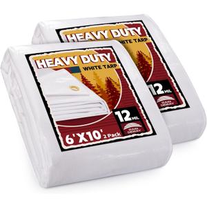 RAINDEWAY 12 Mil Heavy Duty White Tarp 6x10 Feet (2 Pack), UV Resistant, Waterproof, Weatherproof Poly Tarp with Metal Grommets and Reinforced Edges