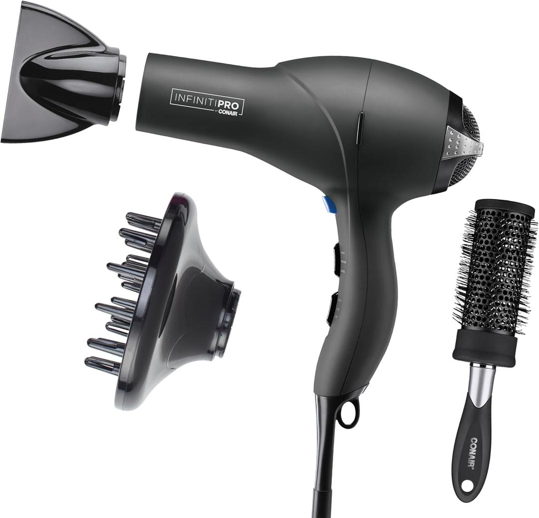 Infiniti PRO CONAIR Hair Dryer with Diffuser, Professional AC Motor, Tourmaline Ceramic Technology Blow Dryer, Includes Concentrator and Blowout Brush, Gray
