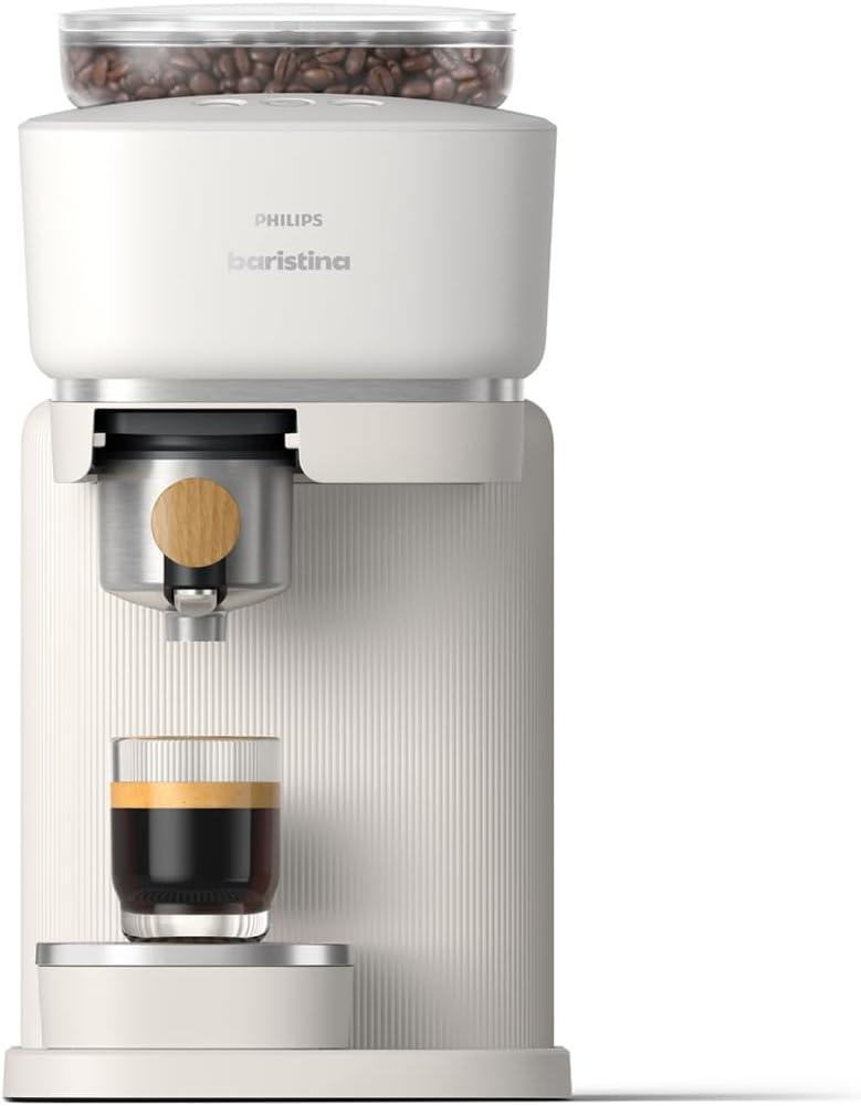 Philips Baristina Espresso Machine - Real espresso, made simple. Compact coffee machine, natural white with ash wood portafilter, 16 bar pump pressure, automatic grinder, Cafe Crema (BAR302/20)