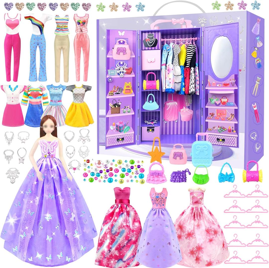 65Pcs Doll Clothes and Accessories with Doll Closet for 11.5 Inch Doll Dress up Set with 1 Doll Fashion Dresses Outfits Tops and Pants Shoe Rack Bags Gift Toy for Girls 4 5 6 7 8 9 10 Years