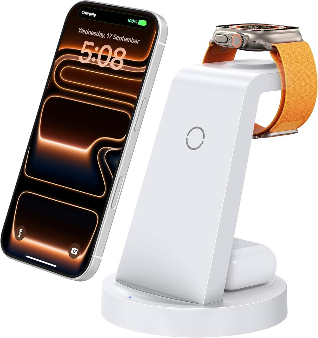 Anlmz 3 in 1 Charging Station for iPhone - Wireless Charger for Apple Products Multiple Devices - Charging Dock Stand for AirPods (for iPhone 17 16e 16 15 14 13 pro 12 11 X Max) (White)