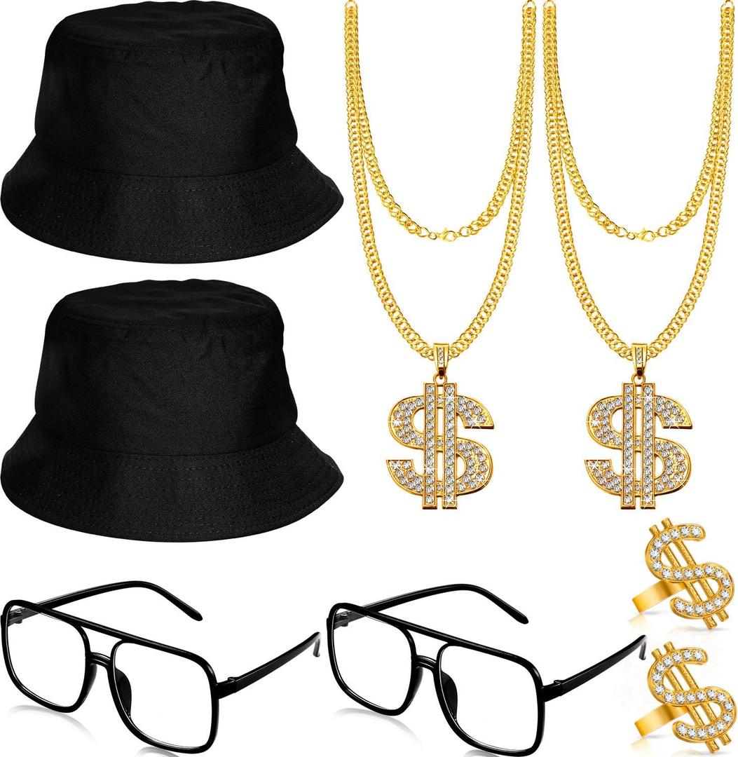 Gejoy 8 Pack Hip Hop Costume Kit 80s 90s Rapper Accessories for Men Women Sunglass Hat Chain Ring Mardi Gras Carnival Decor