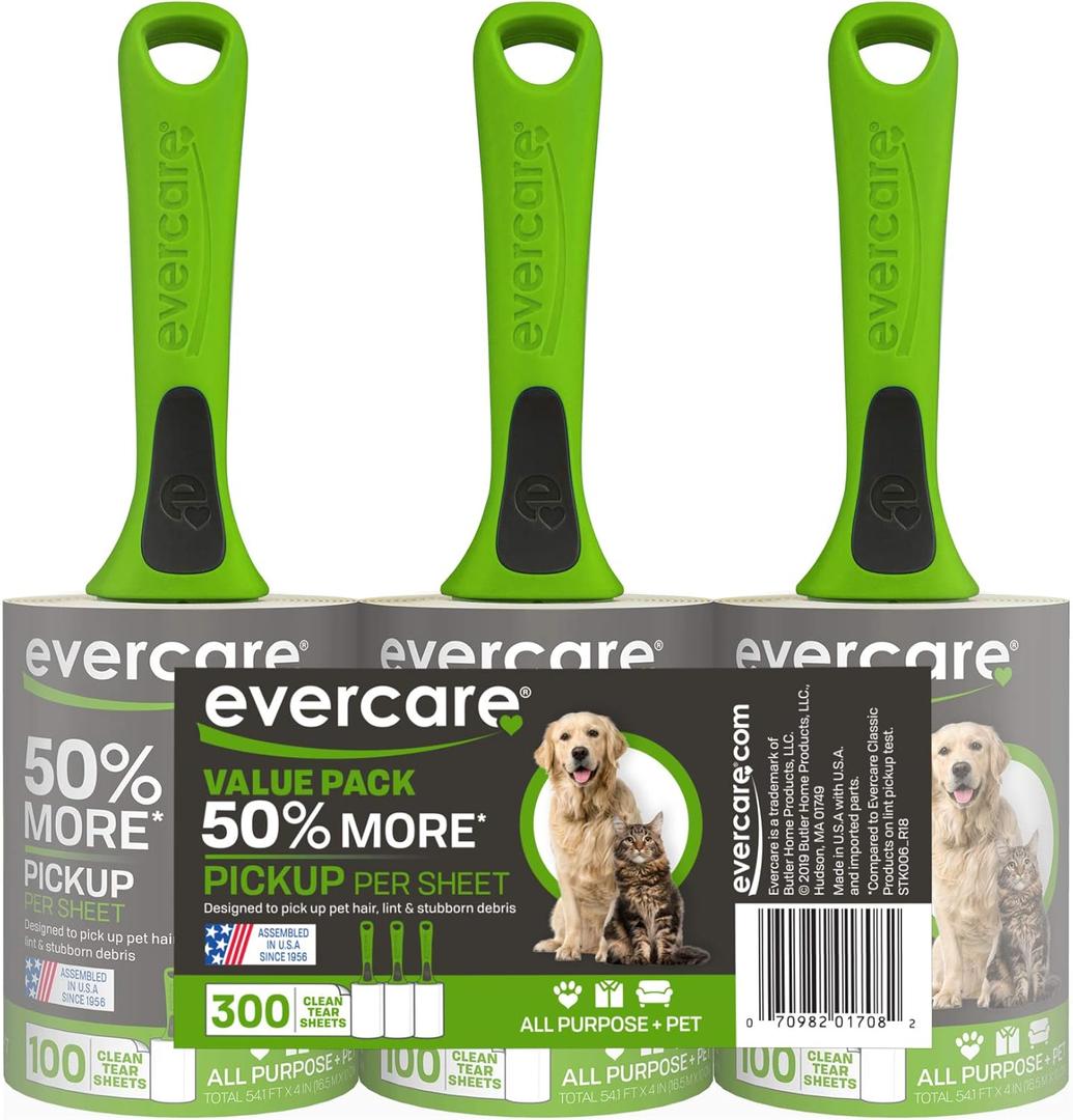 Evercare All Purpose Pet Hair Lint Rollers, 3 Pack, 100 Sheets Each  Reusable Sticky Roller for Pet Hair, Cat & Dog Hair Remover, Lint Remover, Pet Hair Remover for Furniture, Clothing & Cars
