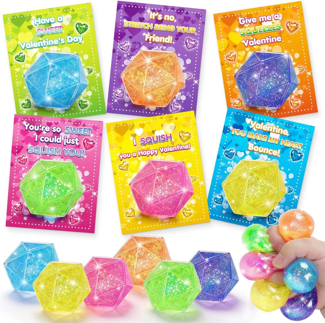 Valentines Day Cards for Kids School, 24 Pack Glitter Stress Relief Squeeze Toys, Valentine Day Party Favors for Boys Girls, Ideal Exchange Cards for Classroom
