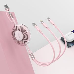 USB C Retractable Multi 5-in-1 USB A/Type C to Lightning+USB C+Micro iPhone Charging Cable,100W+27W+10W PD Fast Multiple Charger Cord for iPhone 15 14 13 12/Samsung S23/iPad Pro/MacBook-Pink