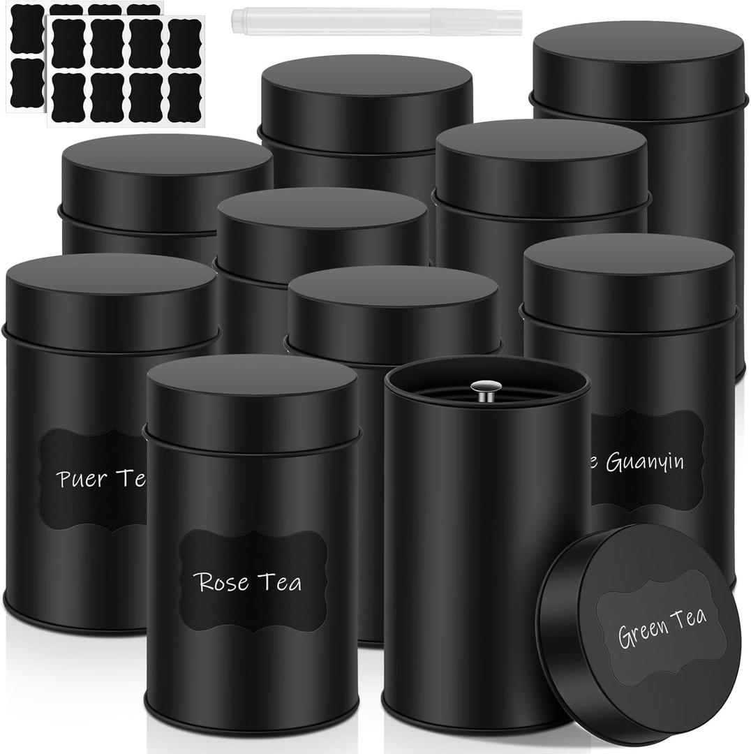 Tanlade 10 Pcs Tea Tin Canister Metal Round Can with Airtight Lid Double Sealed Tea Tin Canisters, with 1 Erasable Chalk Marker and 16 Stickers for Loose Leaf Coffee Sugar, 14 oz