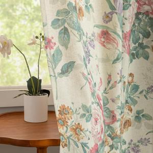 Floral Curtains 84 Inches Long 2 Panels Linen Textured Vintage French Country Curtains for Living Room, Grommet Privacy Window Semi Sheer Victorian Rose Flowers Patterned Curtain Drapes, 50x84 Inch