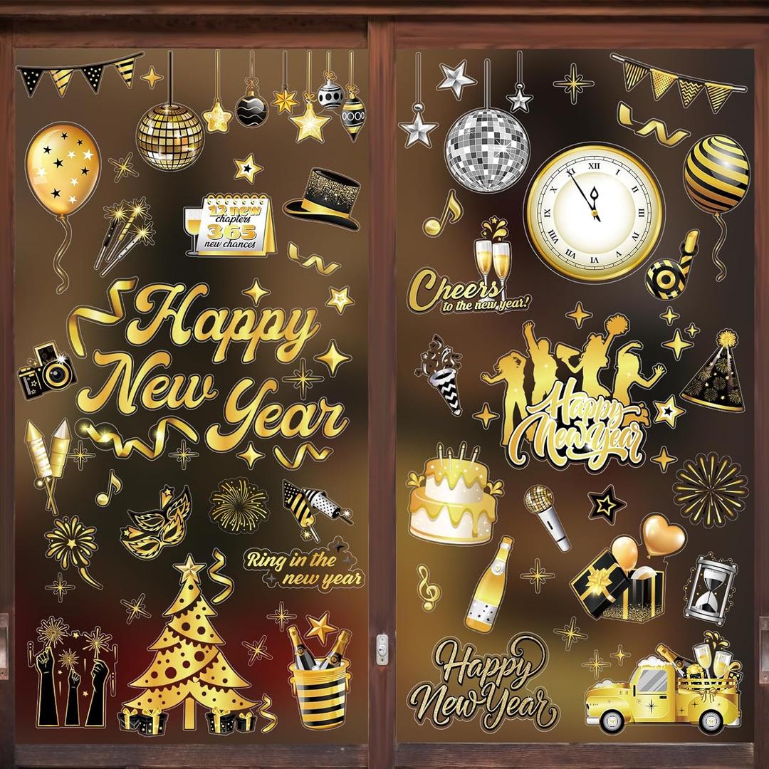 HOWAF 9 Sheets New Year Window Clings, 2026 Happy New Years Eve Window Decal for 2026 New Year Christmas Home Ornaments, Black Gold Silver New Year Firework Window Stickers