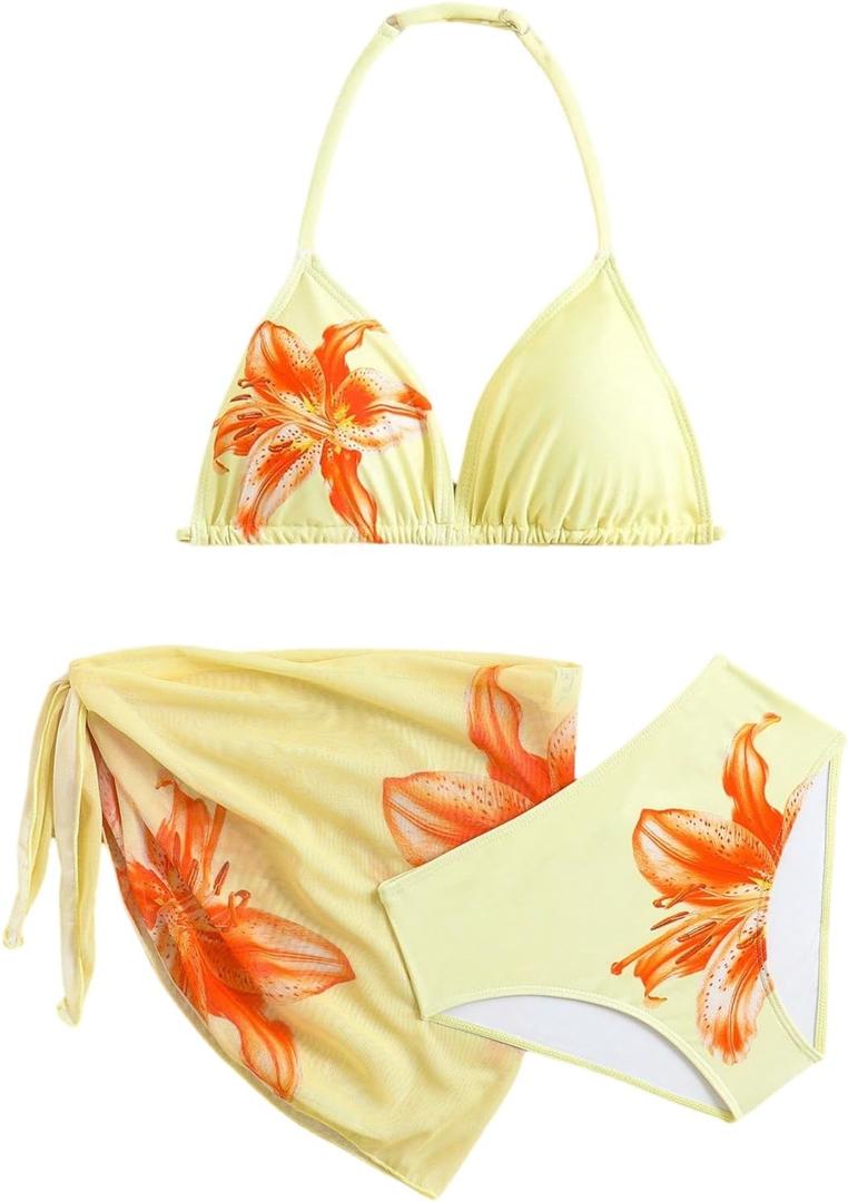 RoseSeek Girl's 3 Piece Swimsuits Floral High Waisted Bikini Bathing Suit with Mesh Coverups Skirt Yellow, 11 Years