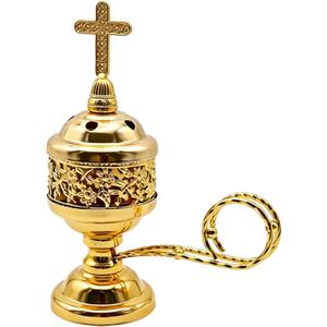Solid Brass Color Incense Burner with Cross Lid - 6 Inch Charcoal Censer for Catholic Church, Home Altar - Thurible for Frankincense, Resin, Bakhoor