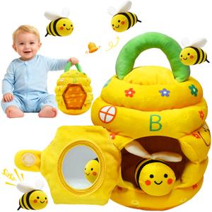 Baby Toys 6-12 Months, Beehive Montessori Toys for 1 Year Old with 5 Sensory Bees Stuffed Animals, Crinkle, Rattles, Squeaker, Jingle Bells, Mirror, Infant Toy Birthday Christmas Gift
