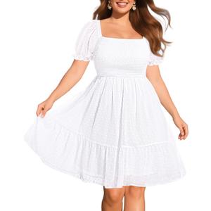 Women Plus Size Square Neck Puff Sleeve Babydoll Summer Chiffon Swiss Dot Flowy Short Smocked Dress, Size 20Plus, White