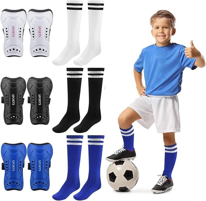 Toulite 3 Sets Soccer Shin Guards and Socks for Youth Kids, Soccer Shin Pads Long Socks for 7-15 Year Old Child, Gear Football Equipment for Boys Girls Toddlers Teenagers
