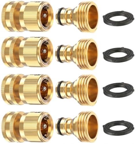 Kesfitt Garden Hose Quick Connect 3/4 Inch GHT Solid Brass Hose Connector Adapter Kit Fitting No-Leak Water Hose Female and Male Adapter (4 Sets)