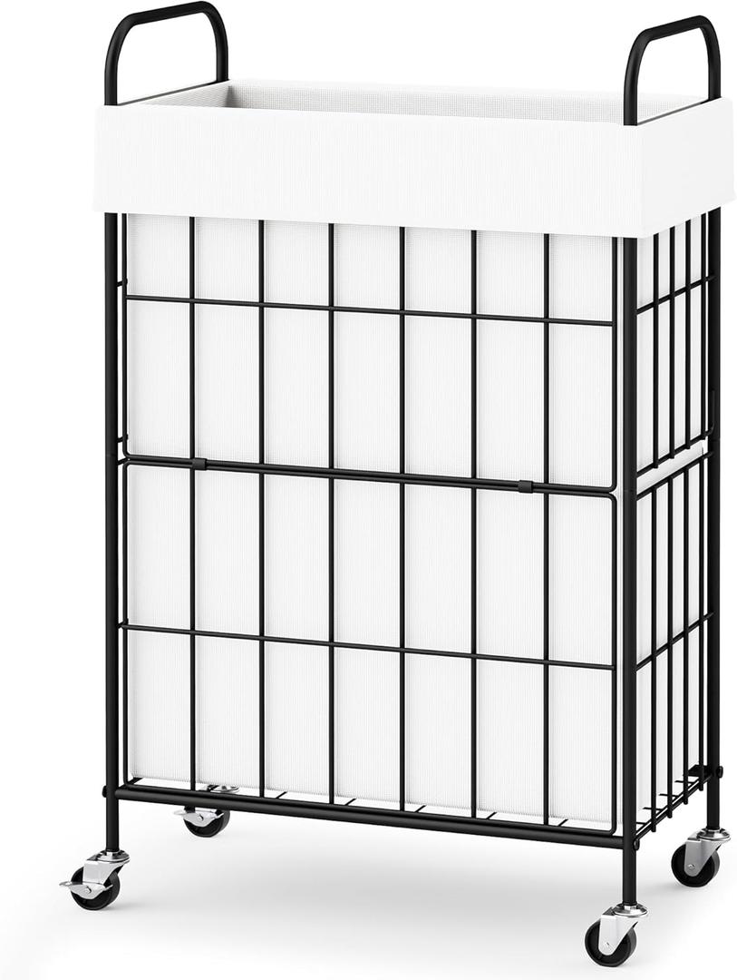 Slim Laundry Hamper, 60L Laundry Basket with Wheels, Clothes hamper with Removable Liner Bag (60L-1 Section, White)