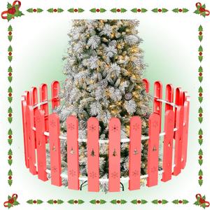 Christmas Tree Fence, Holiday Decoration Picket Fence Plastic PVC Heavy Duty, Small Fence Panel Around Artificial Real Xmas Trees, Fence Gate to Go, Freestanding Circle Barrier for Toddler Cats, Red (28 PCS)
