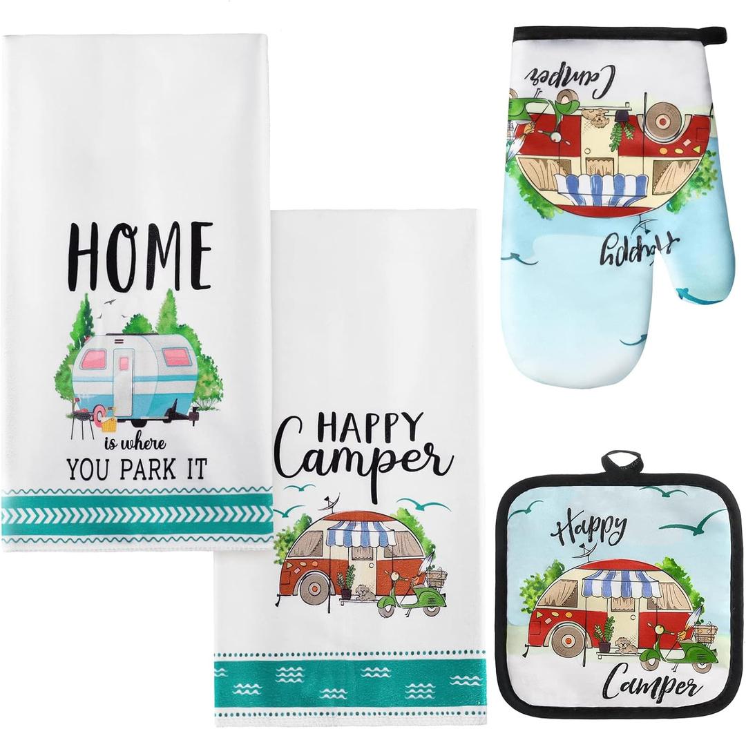 4 Pcs Camping Dish Towel Pot Holder Oven Mitt Set Christmas Making Memories One Campsite at a Time RV Kitchen Towel Absorbent Soft Pot Holder Camper Oven Mitt Hand Dishcloth for Kitchen Decor (Cute Style)