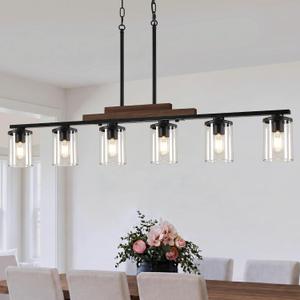 Dining Room Light Fixture Over Table, Farmhouse 6-Light Kitchen Island Lighting, Linear Black Chandelier with Clear Glass Shades, Modern Rustic Wood Pendant Kitchen Lights, with Adjustable Height