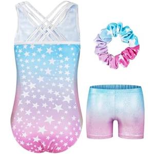 JiAmy Gymnastics Leotards for Girls with Cross Back Sparkly Dance Unitards with Shorts Biketards Outfit for 140