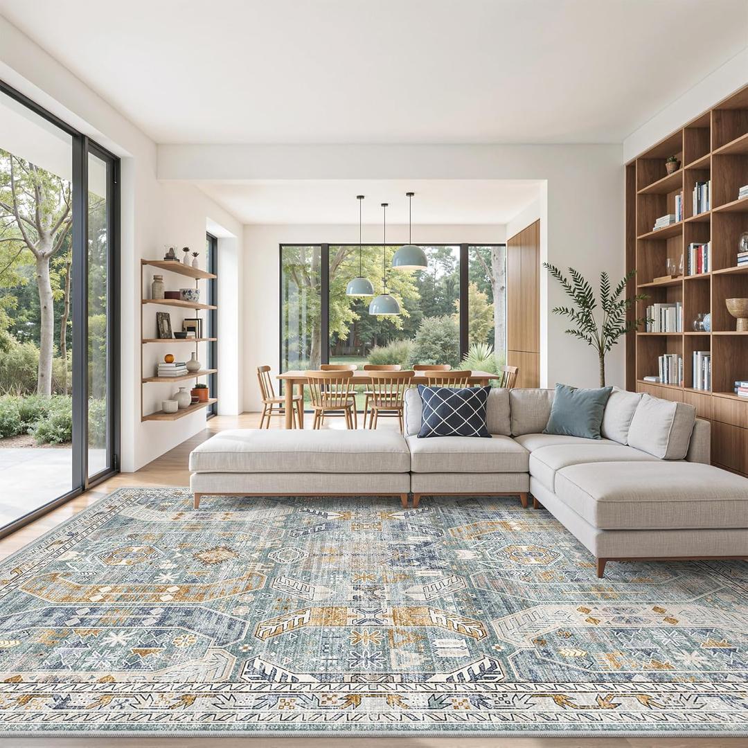 befbee Washable Rug 8x10 Area Rugs for Living Room - Stain Resistant Non-Slip Backing Rugs for Bedroom - Vintage Large Area Rug (Blue/Gold, 8'x10')