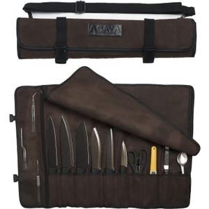 Asaya Canvas Chef Knife Roll Bag - 10 Knife Slots and a Large Zipper Pocket - Durable 10oz Canvas Knife Case with an Adjustable Shoulder Strap - Knives not Included (Brown)