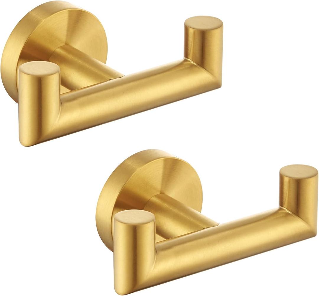 Angle Simple Towel Double Hook Brushed Gold 2 PCS, SUS304 Stainless Steel Bathroom Hand Towel Holder, Double Robe Hook, Wall Mount