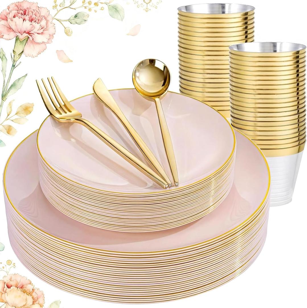 bUCLA 150PCS Pink Plastic Plates - Pink and Gold Disposable Include 25 Each (Dinner & Dessert) Plates, 25 Knives, 25 Forks, 25 Spoons and 25 Cups, Ideal for Party, Wedding & Mother's Day
